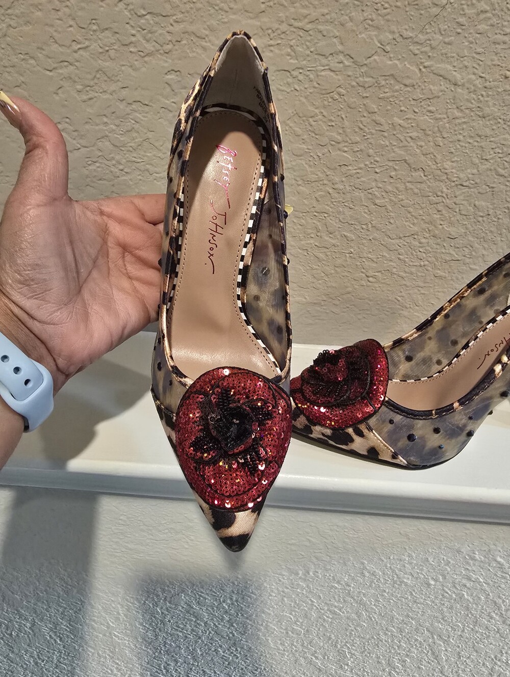 Betsey Johnson Leopard Print Pointed Pump with Red Sequin Flower Accent
